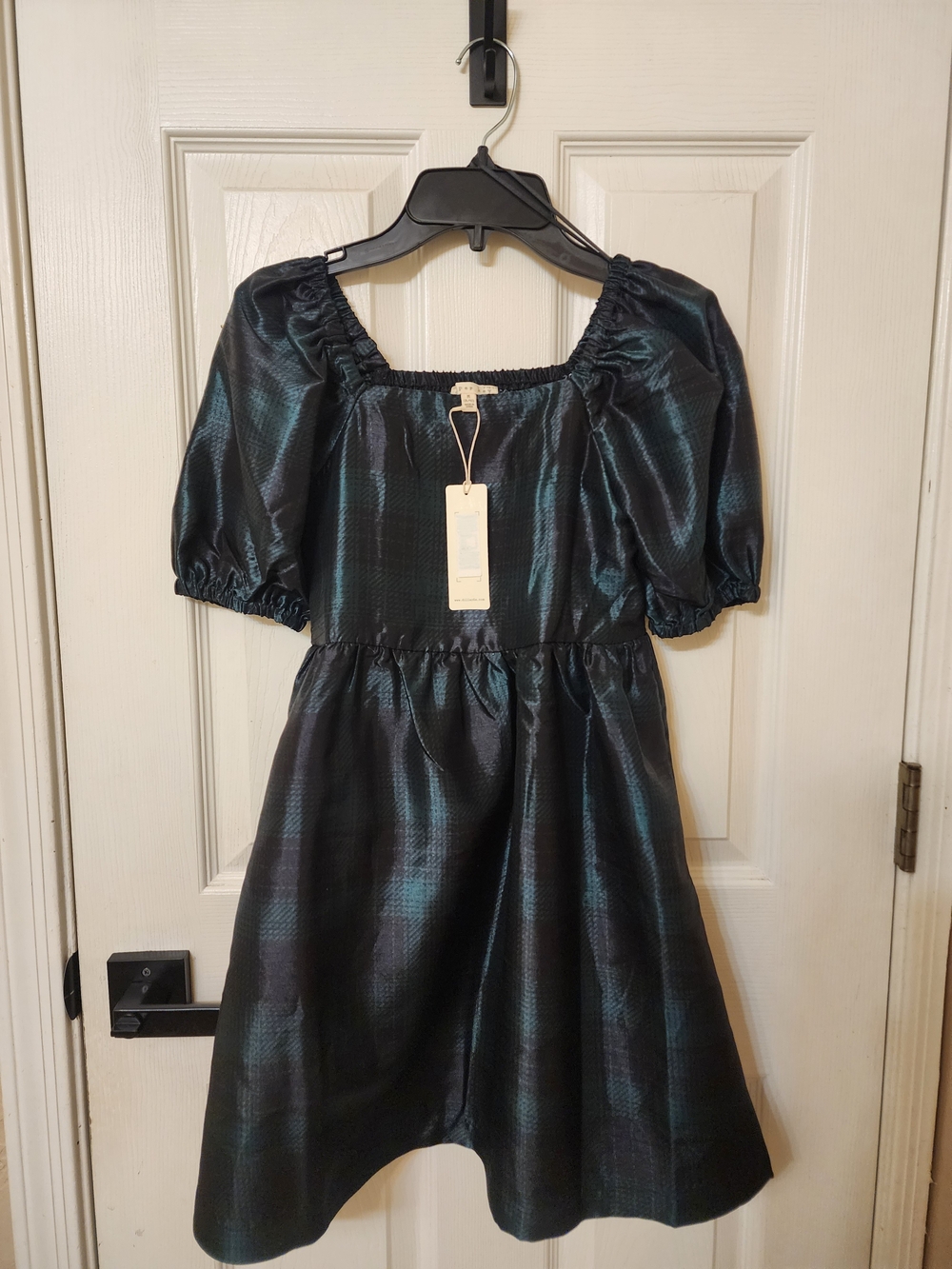 Copper Key Black and Teal Plaid Puff-Sleeve Dress